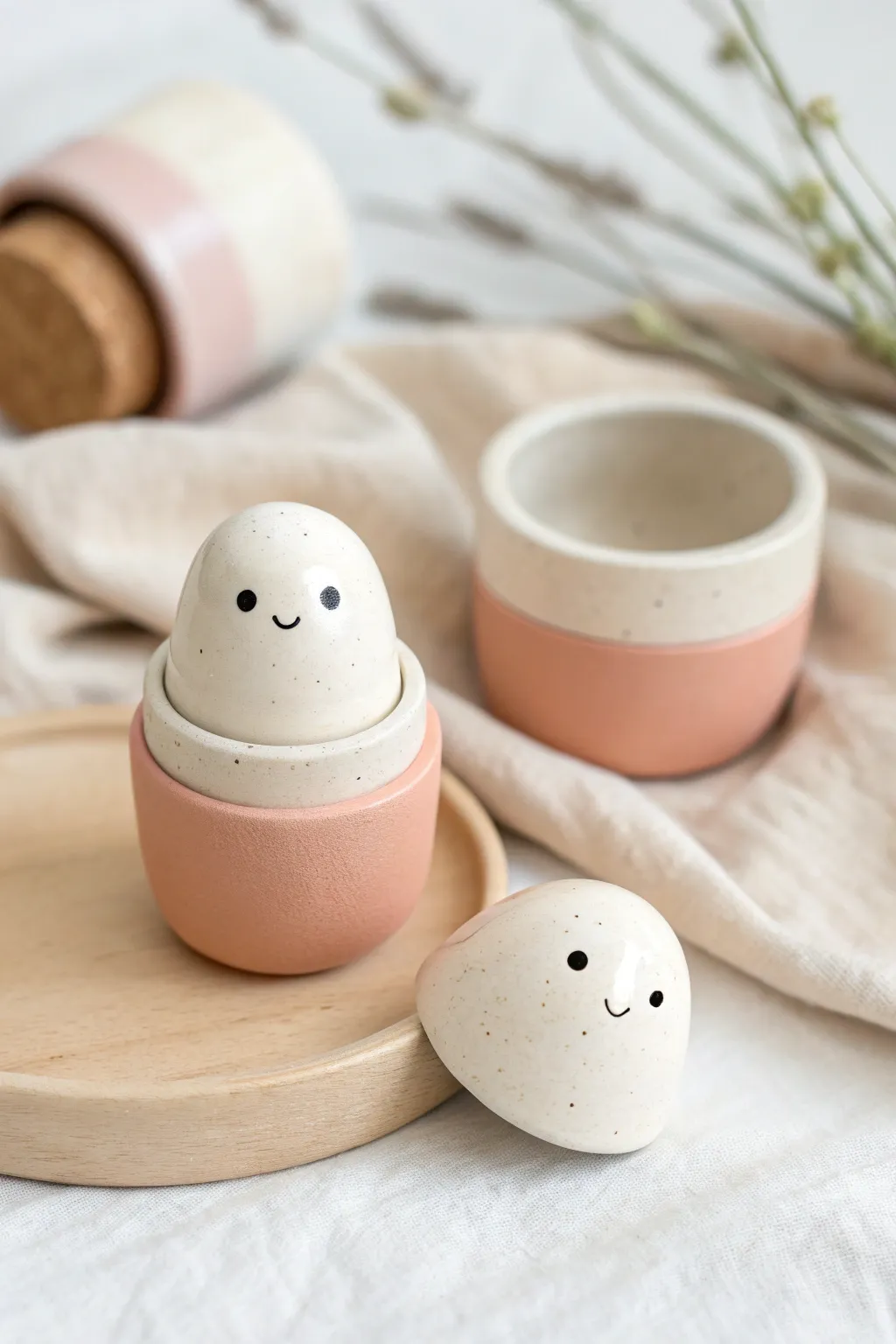 Mini pastel clay capsule opened to reveal a tiny hidden face, sweet surprise for shelf decor.