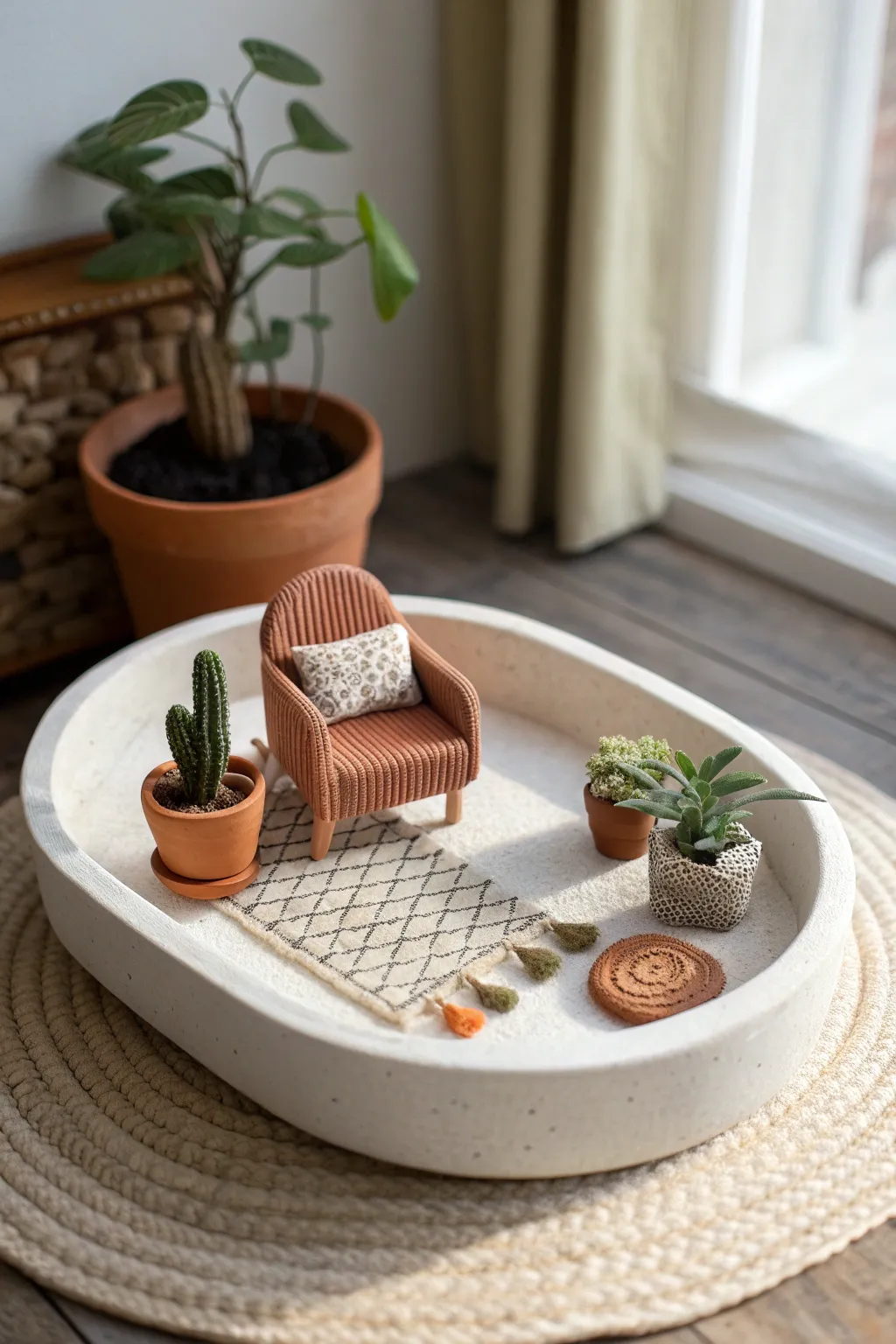 Tiny room diorama in a tray: chair, plant, and rug in calm Nordic tones with boho charm