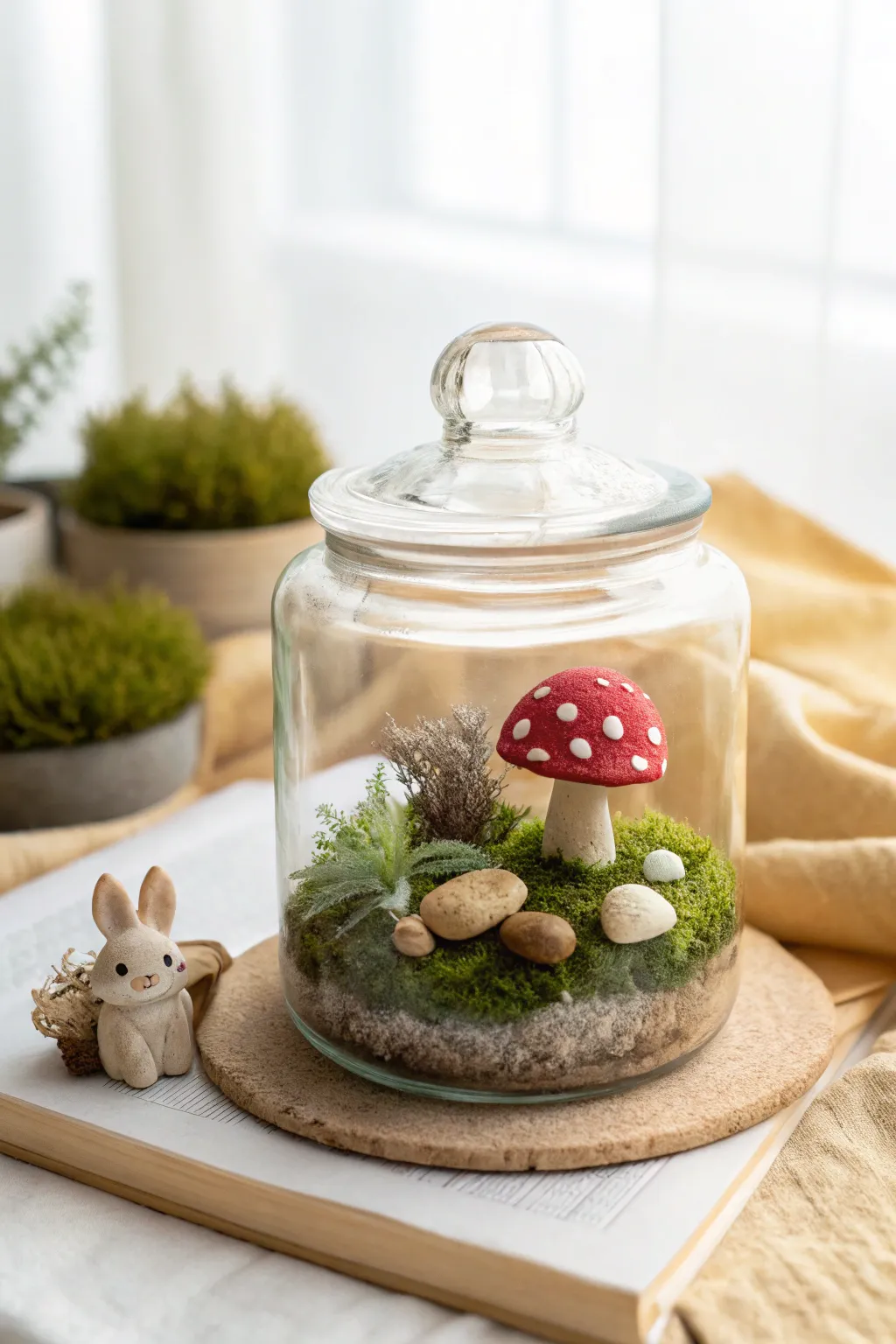 Mini terrarium in a jar lid with a tiny clay mushroom and creature in calm Nordic boho styling