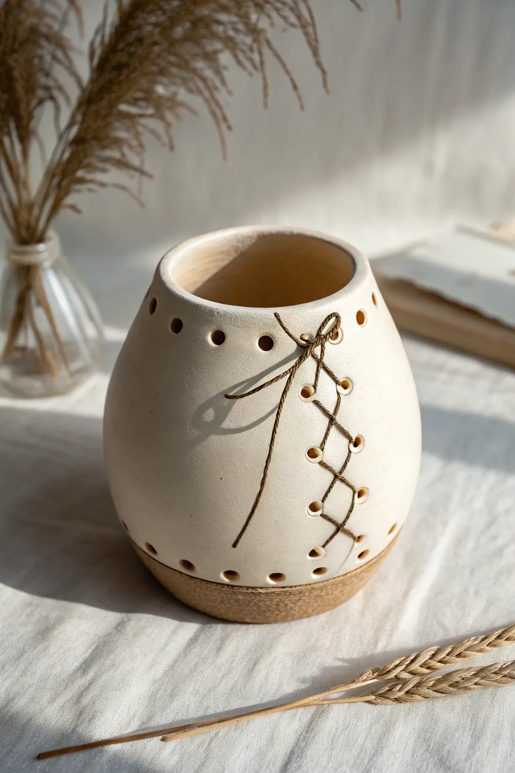 Minimal ceramic vessel with grommet rim and linen lace-up cord for an easy mixed-media accent.