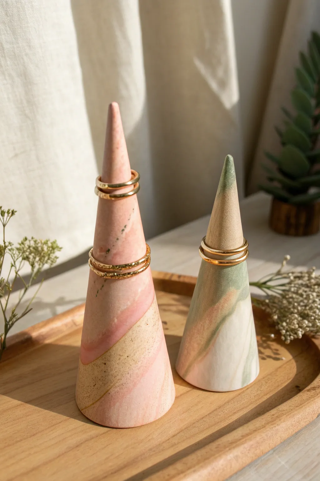 Soft ombre model magic ring cones in blush and sage, styled minimal with simple gold rings