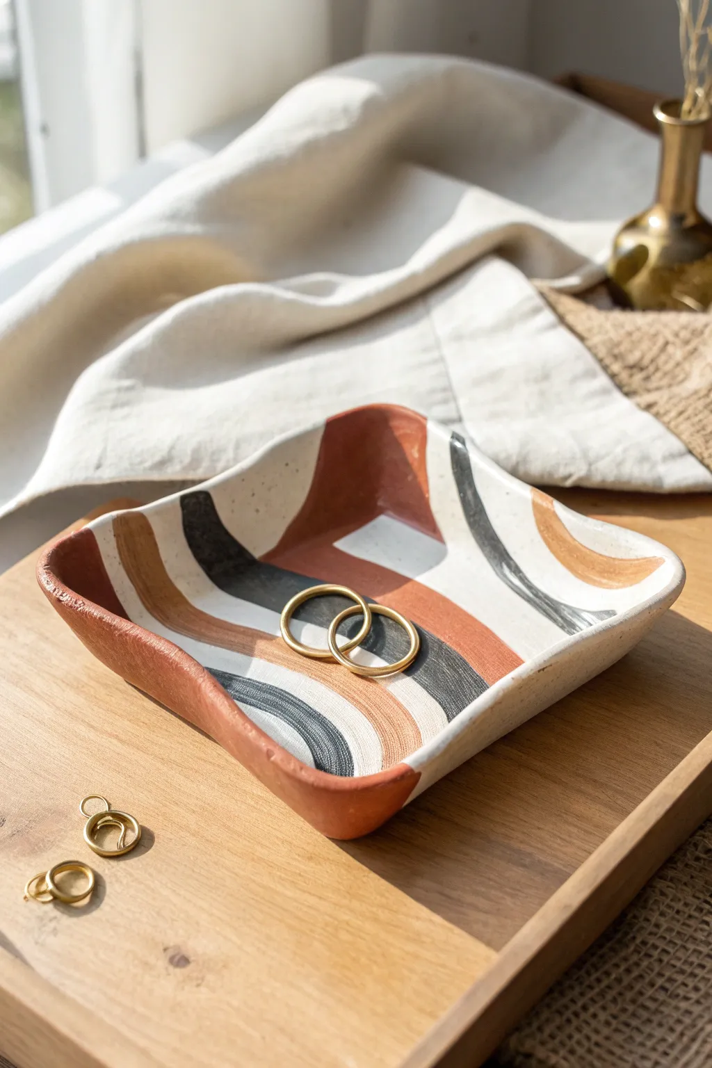 Abstract wavy clay catch-all with bold stripes, perfect for storing rings and earrings in style.