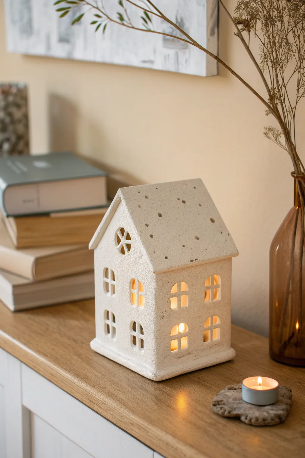 Warm handmade clay house votive glowing on a shelf, minimalist cozy decor for adults