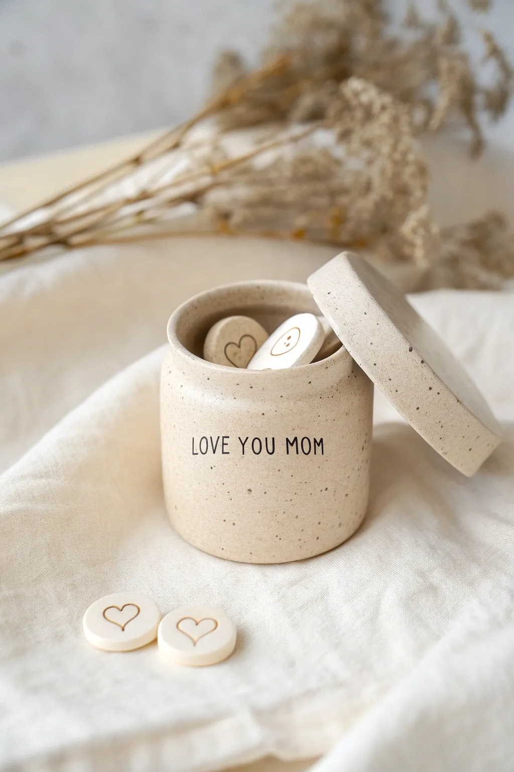 Mini clay love jar with tiny stamped tokens inside, a minimalist Mothers Day keepsake for moms.