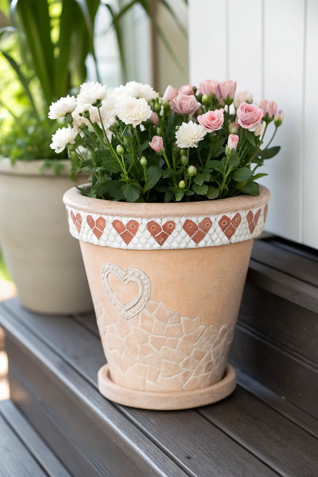 Minimal mosaic rim flower pot for Mothers Day, handmade charm with fresh porch blooms