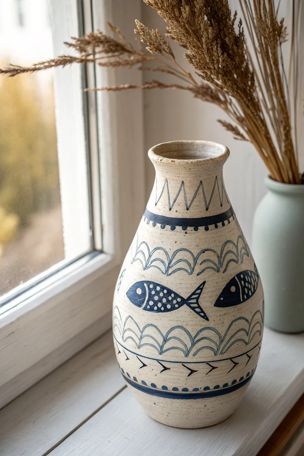 Folk fish and wave motifs on a terracotta vase, simple two-color contrast in soft window light.