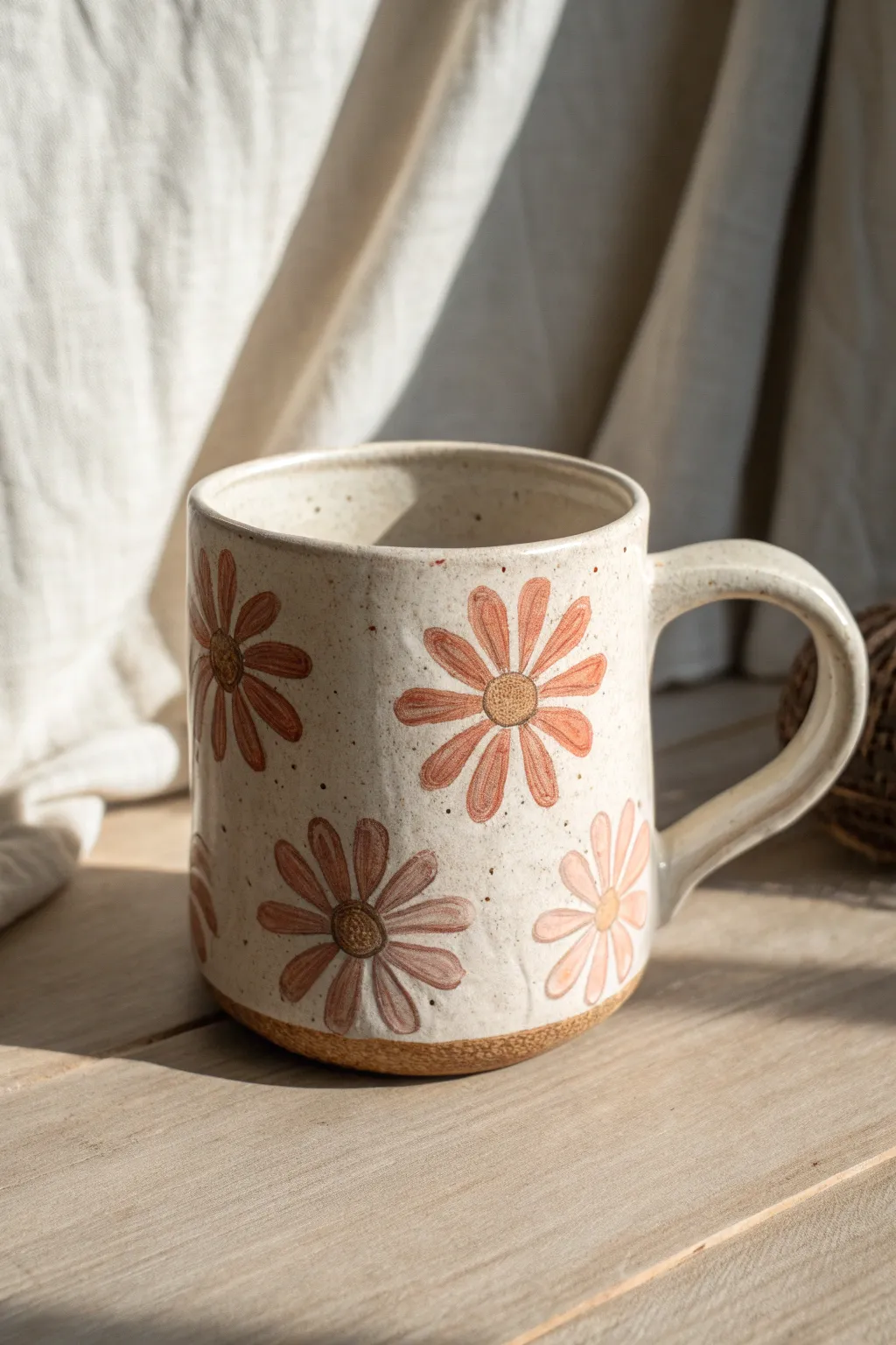 Soft daisy mug with raised petal accents, side light highlights a simple textured floral finish