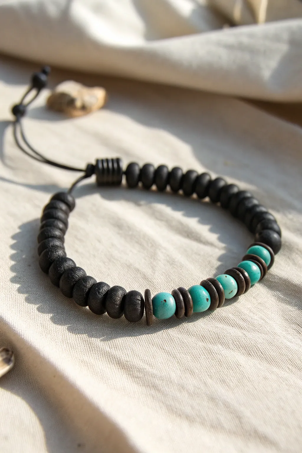 Matte black and glossy turquoise clay discs create a calm, modern Native American inspired rhythm