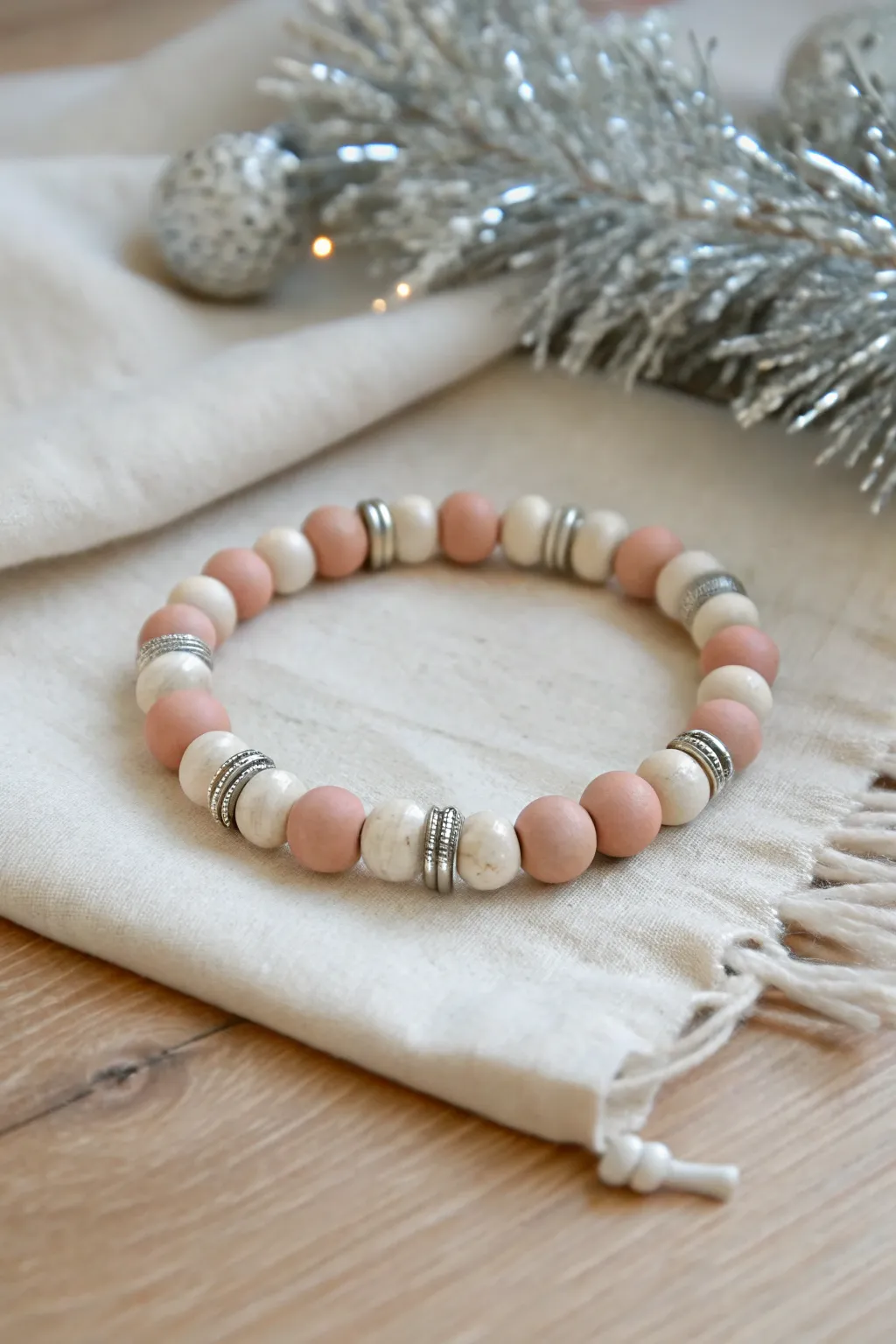 Minimal clay bead bracelet with gold stripe spacers and a hint of tinsel for New Years shine.