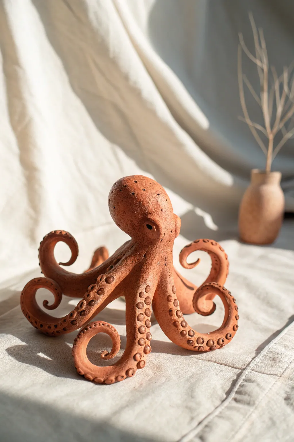 Minimal clay octopus arm study with simple suckers, serene Scandinavian styling.
