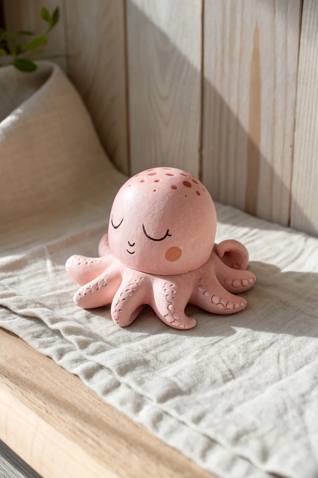 A sleepy little clay octopus with closed eyes, soft curves, and cozy minimalist charm.