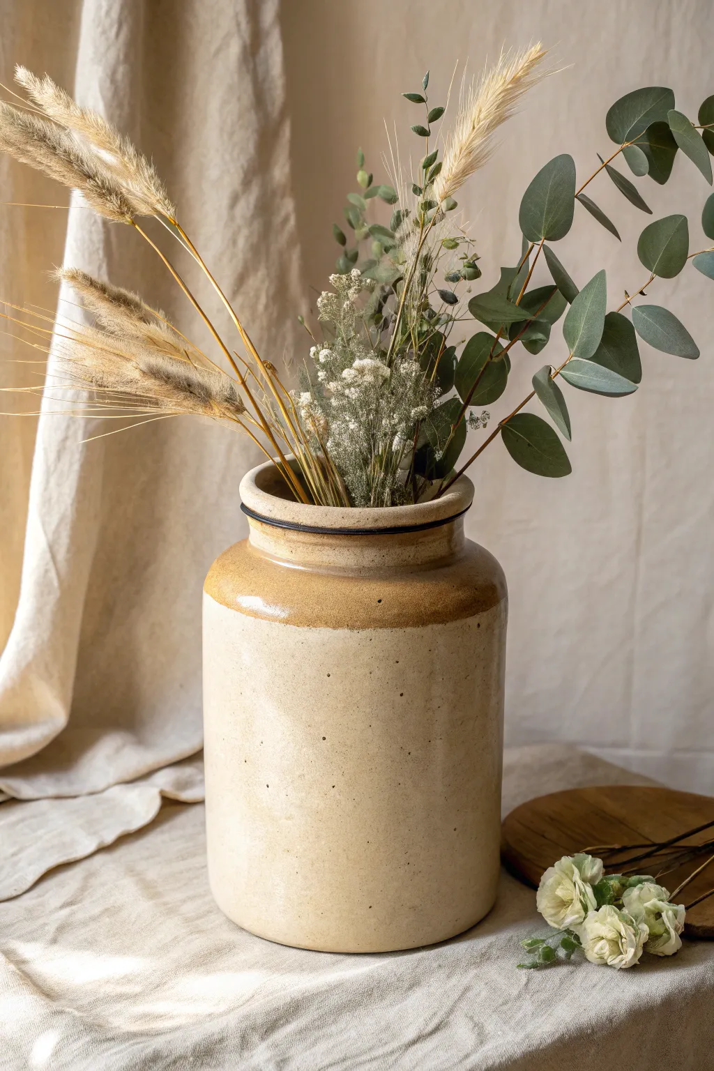 Old crock refreshed with a simple handmade clay insert for a clean, modern stem display.