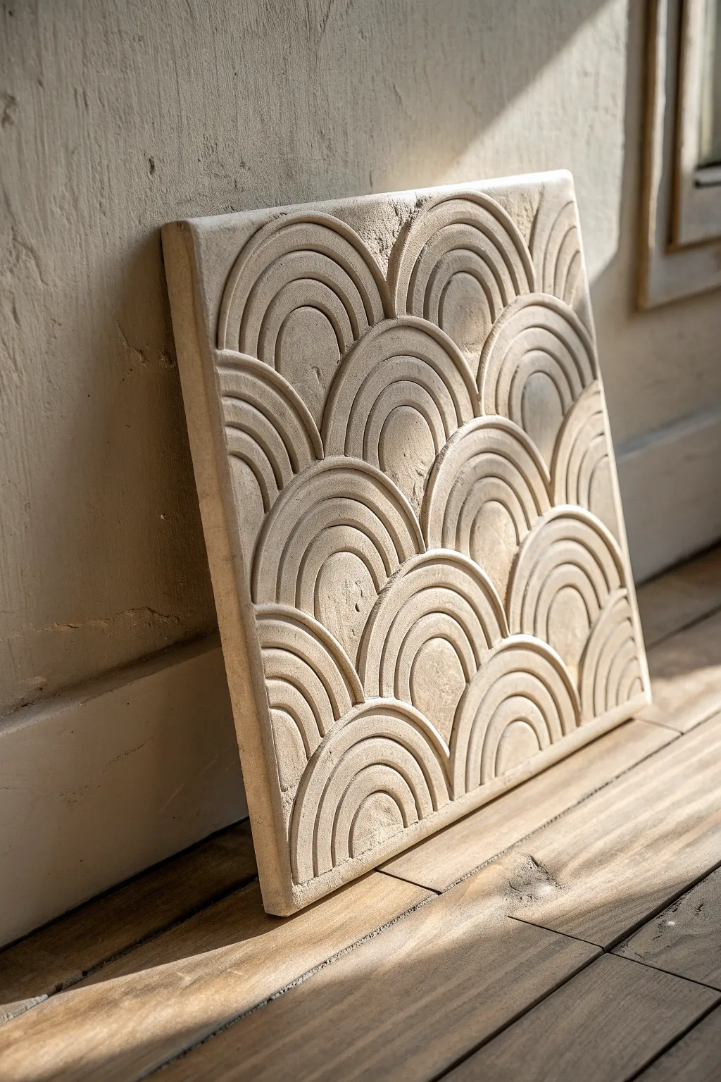 Monochrome carved relief tile that lets shadows highlight depth and simple handmade texture.