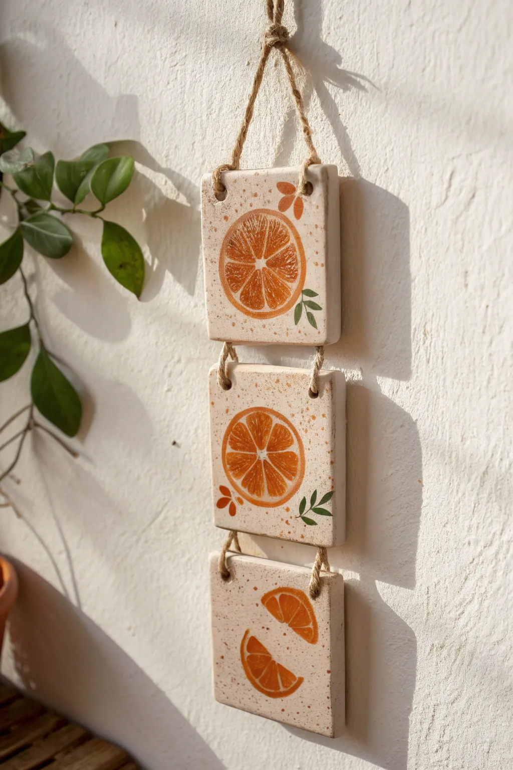Minimal boho wall tiles with raised orange fruits, warm terracotta tones and crisp contrast.