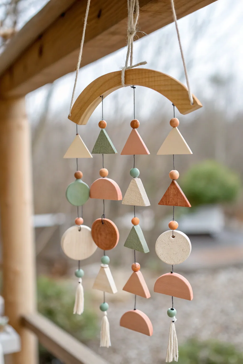 Simple oven-bake clay geometric mobile in soft tones, minimal and modern for beginners