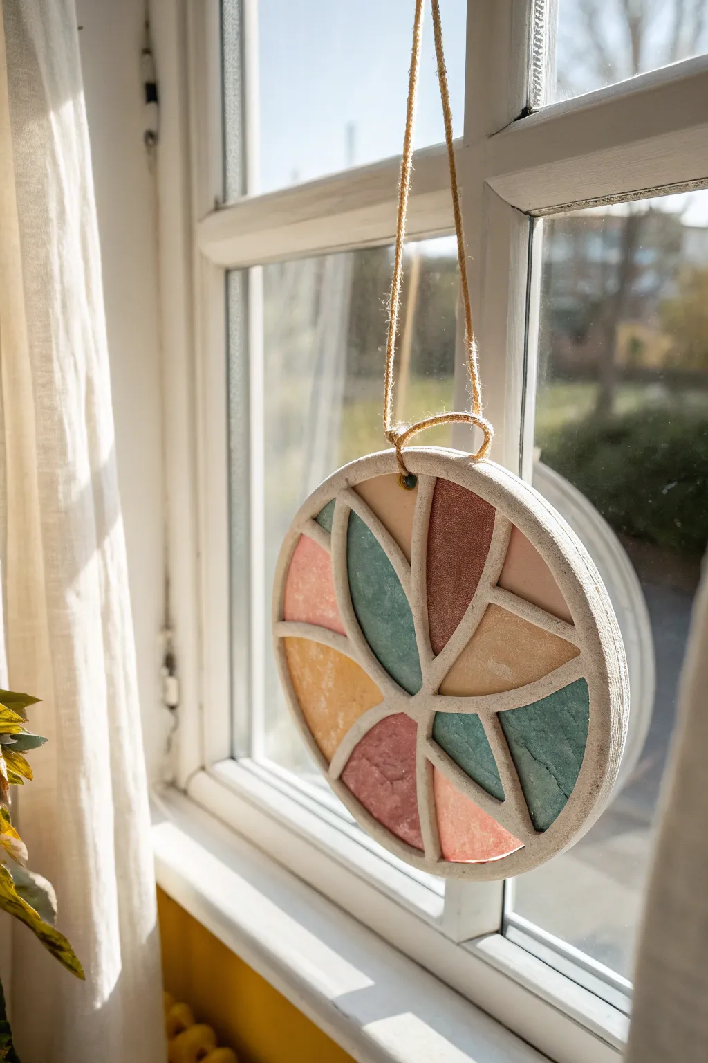 Minimalist faux stained-glass clay suncatcher glowing in a sunny window, kid friendly craft