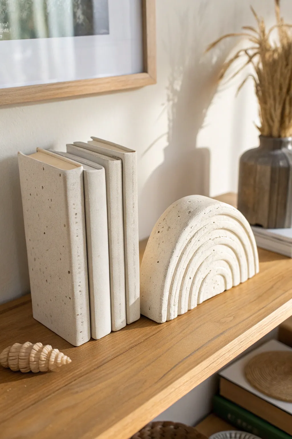 Chunky geometric paper clay bookends with a matte stone finish for minimalist shelf styling
