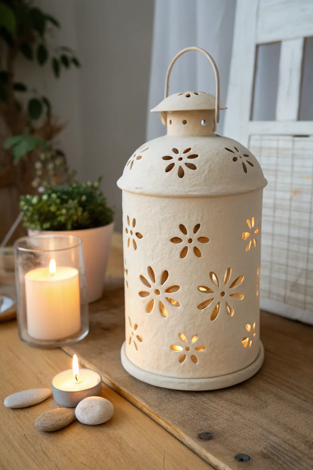 Glowing paper mache clay lantern with simple cutouts for cozy, pattern-filled light.