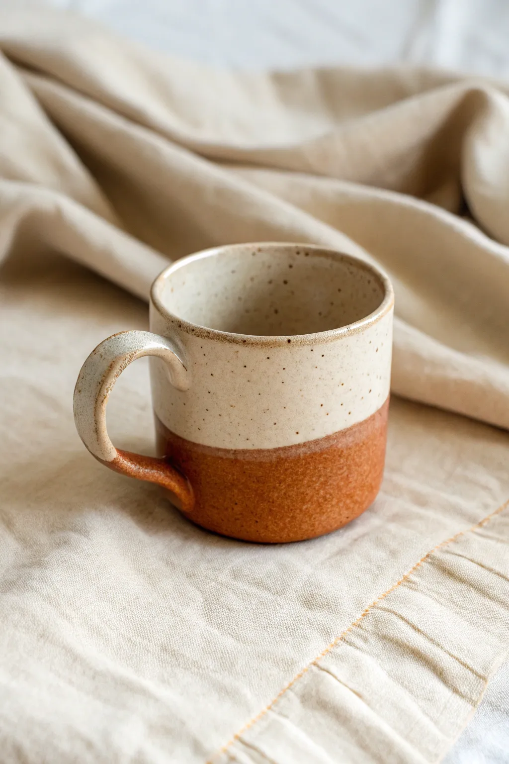 Minimal two-tone dipped glaze pinch pot mug with a softly wavy line and handmade charm