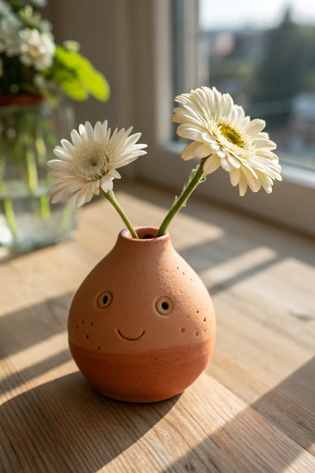 Whimsical pinch pot face vase with a single bright bloom, minimalist and cheerfully handmade.