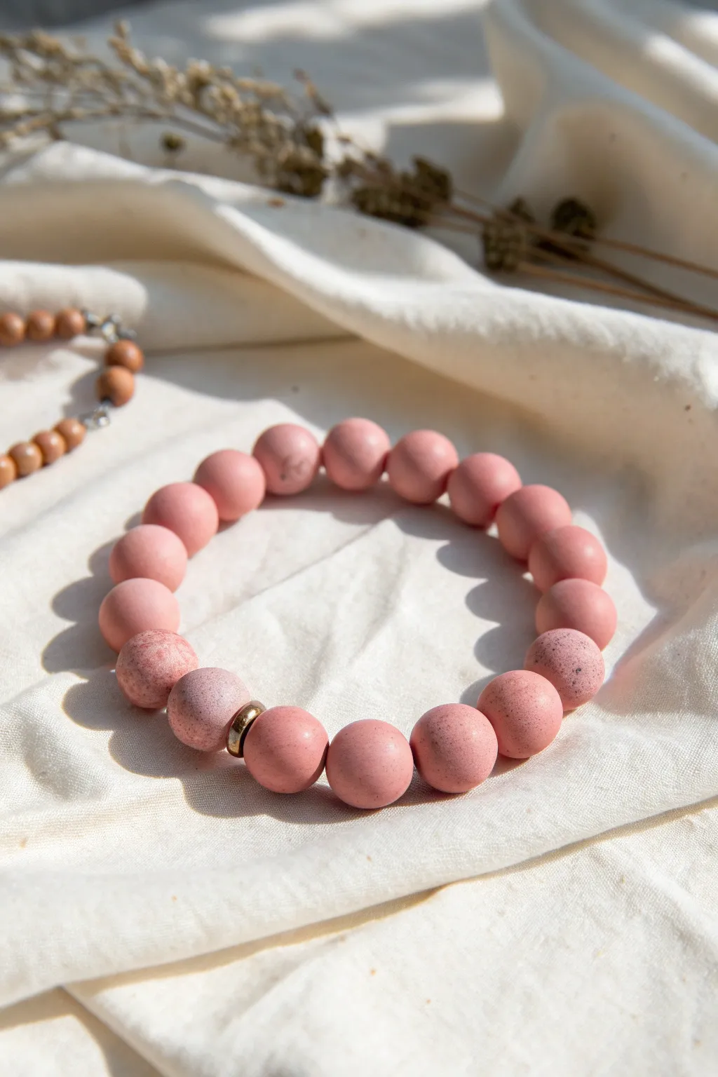 All-pink clay bead bracelet with alternating matte and glossy beads for soft, elegant contrast