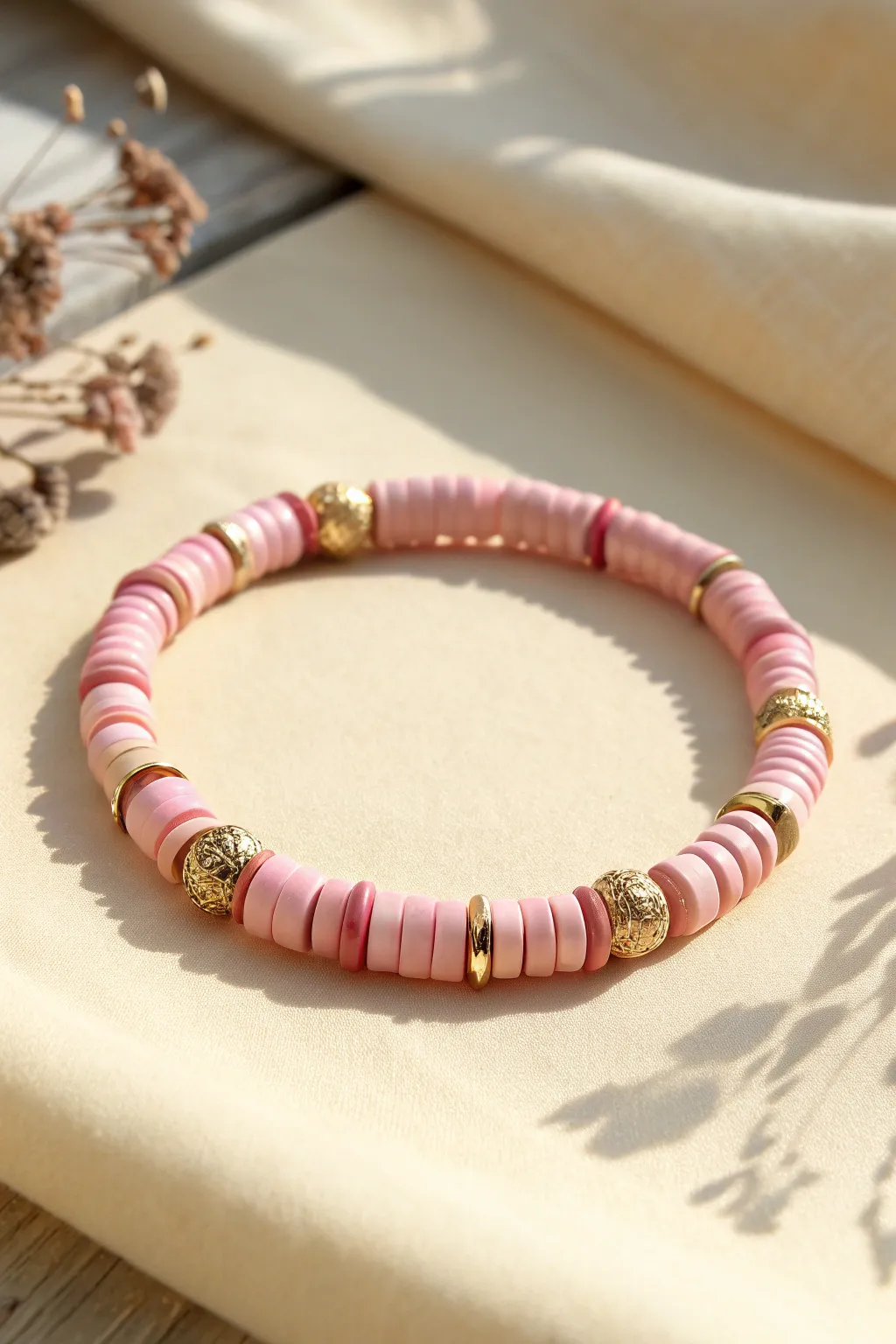 All-pink heishi bracelet with matte and glossy textures, finished with delicate gold spacers