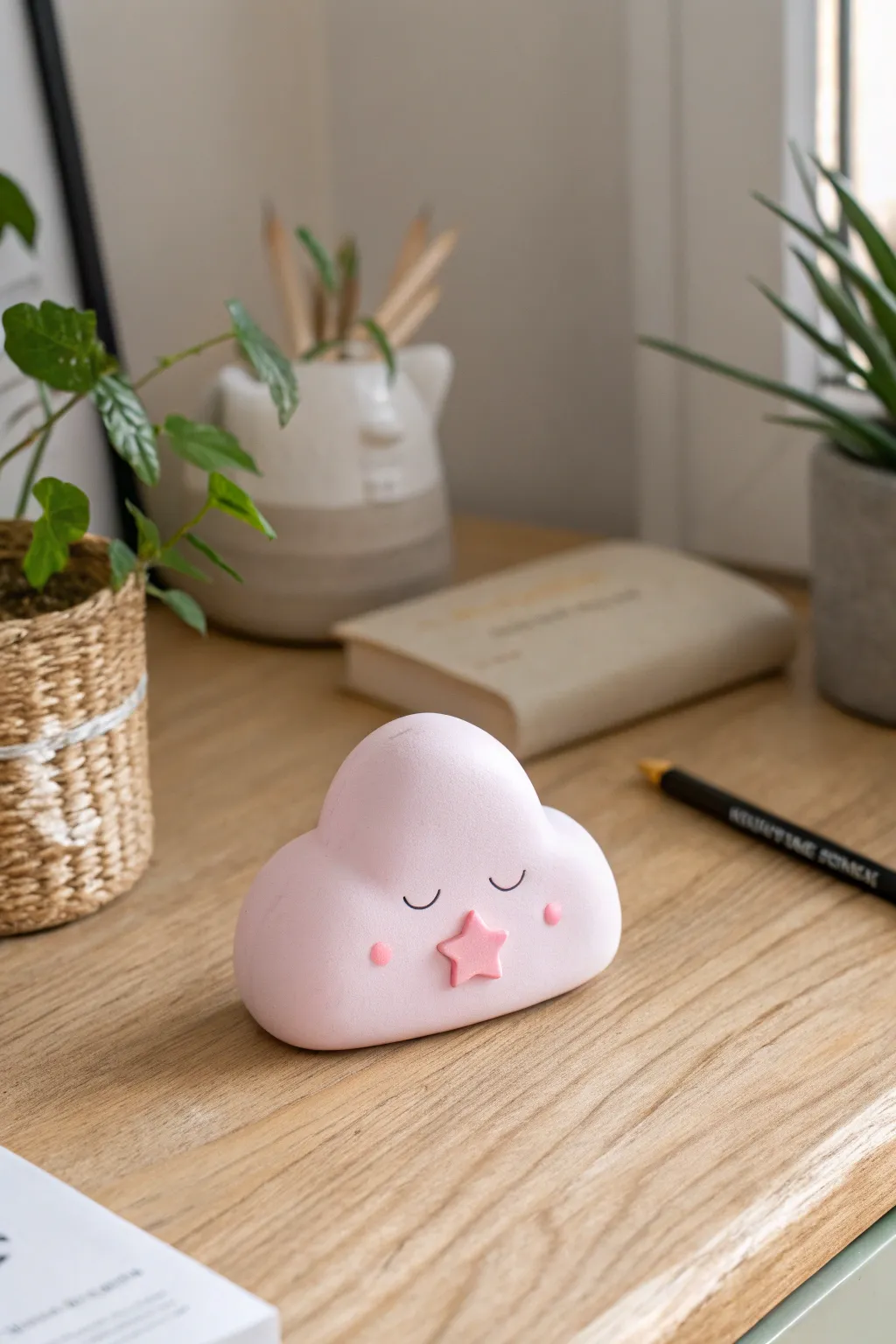 Sweet pink cloud and star polymer clay desk buddy, minimalist decor with cozy boho charm.