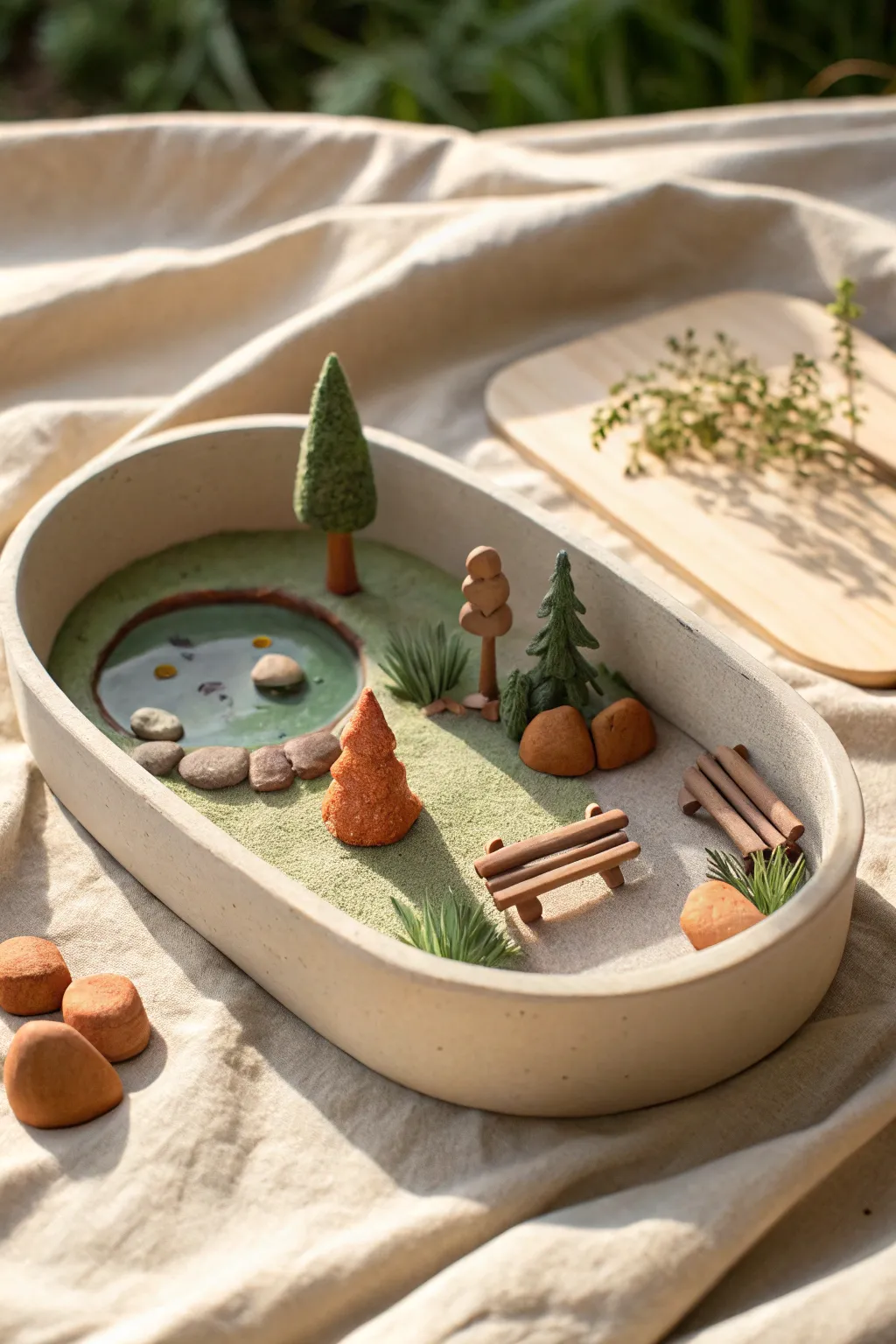 Tiny plasticine park diorama in a shallow tray, a cozy mini world you can make in an afternoon