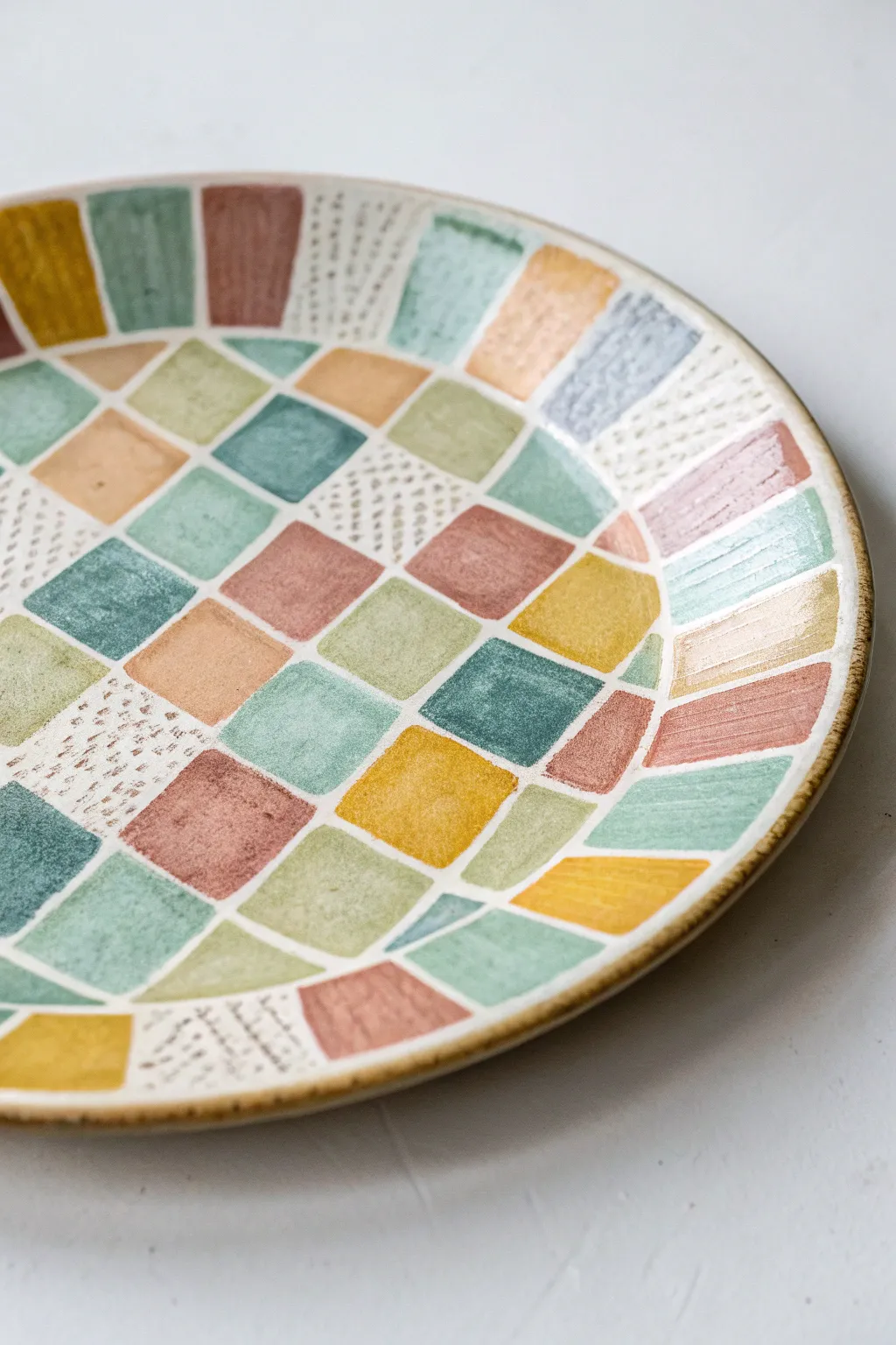 Faux mosaic plate painting with tiny color squares and crisp grout lines, bright yet minimal