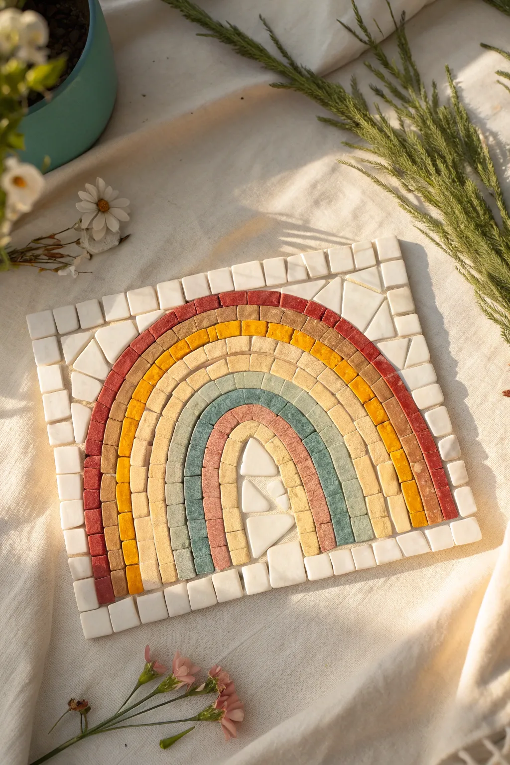 Bright rainbow clay mosaic artwork, clean minimalist look and easy play clay picture drawing idea.