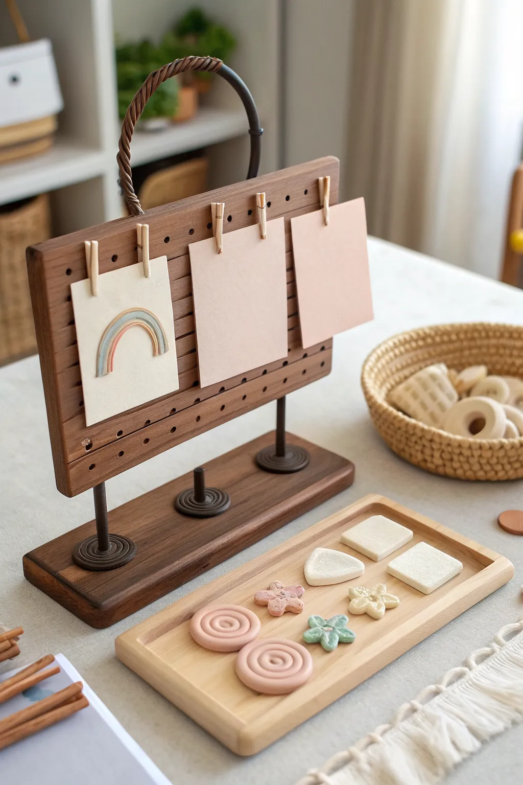 Mini playdough challenge station with blank cards and sample creations for easy daily prompts.