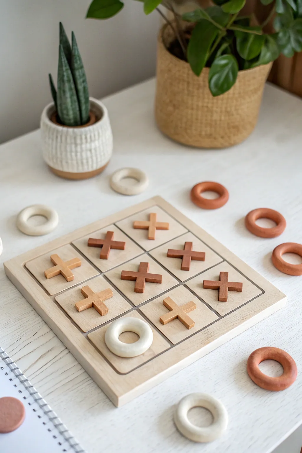 Minimal polymer clay tic-tac-toe set with cross and ring pieces for a calm, stylish desk.