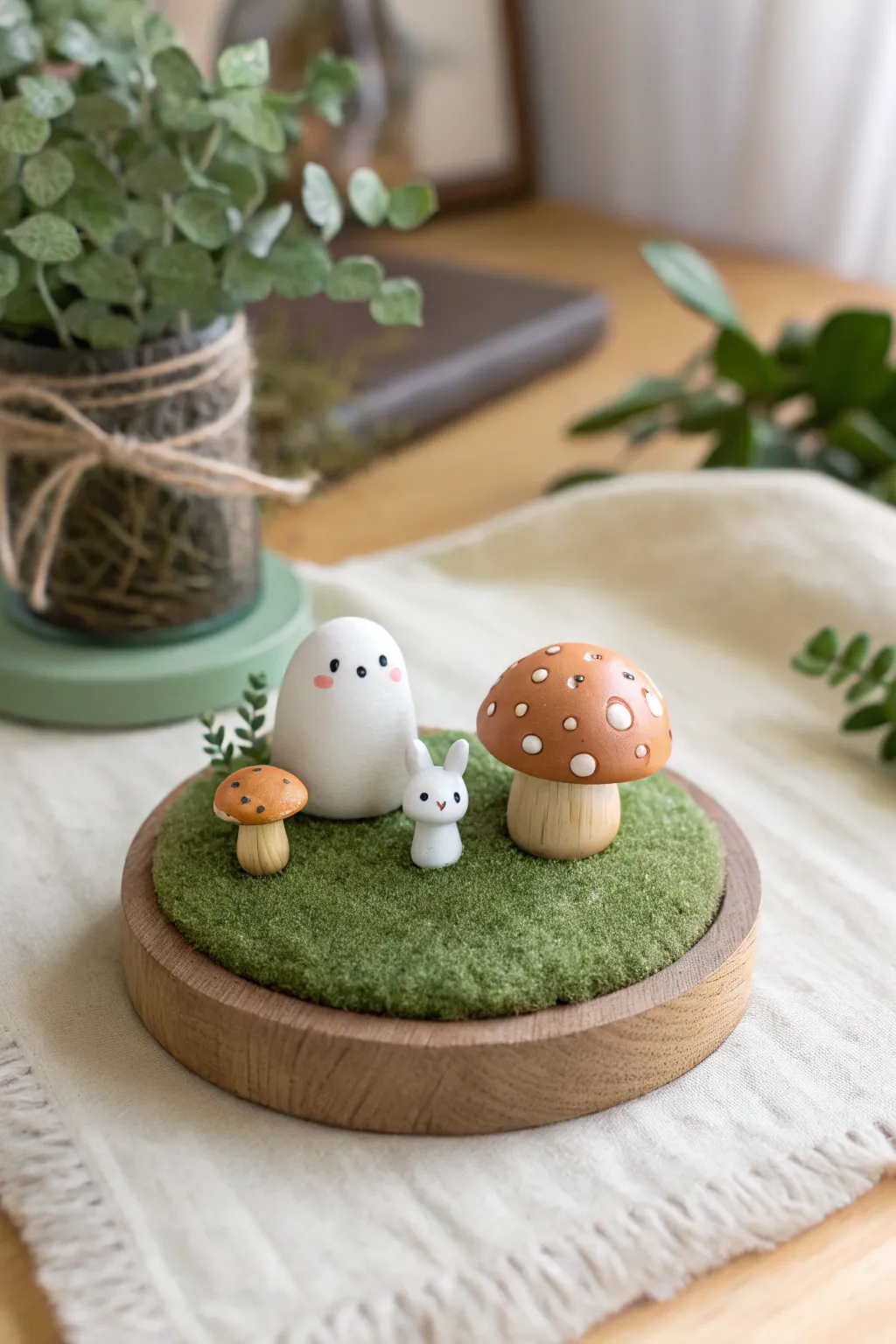 Sweet polymer clay mini diorama topper: tiny ghost, snail and mushroom on a grass base.