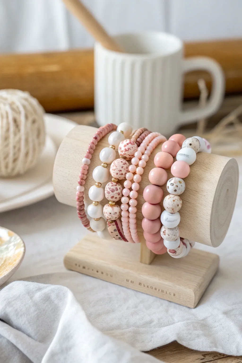 Mismatch polymer clay bracelet stack with varied patterns, all tied together by one blush tone.