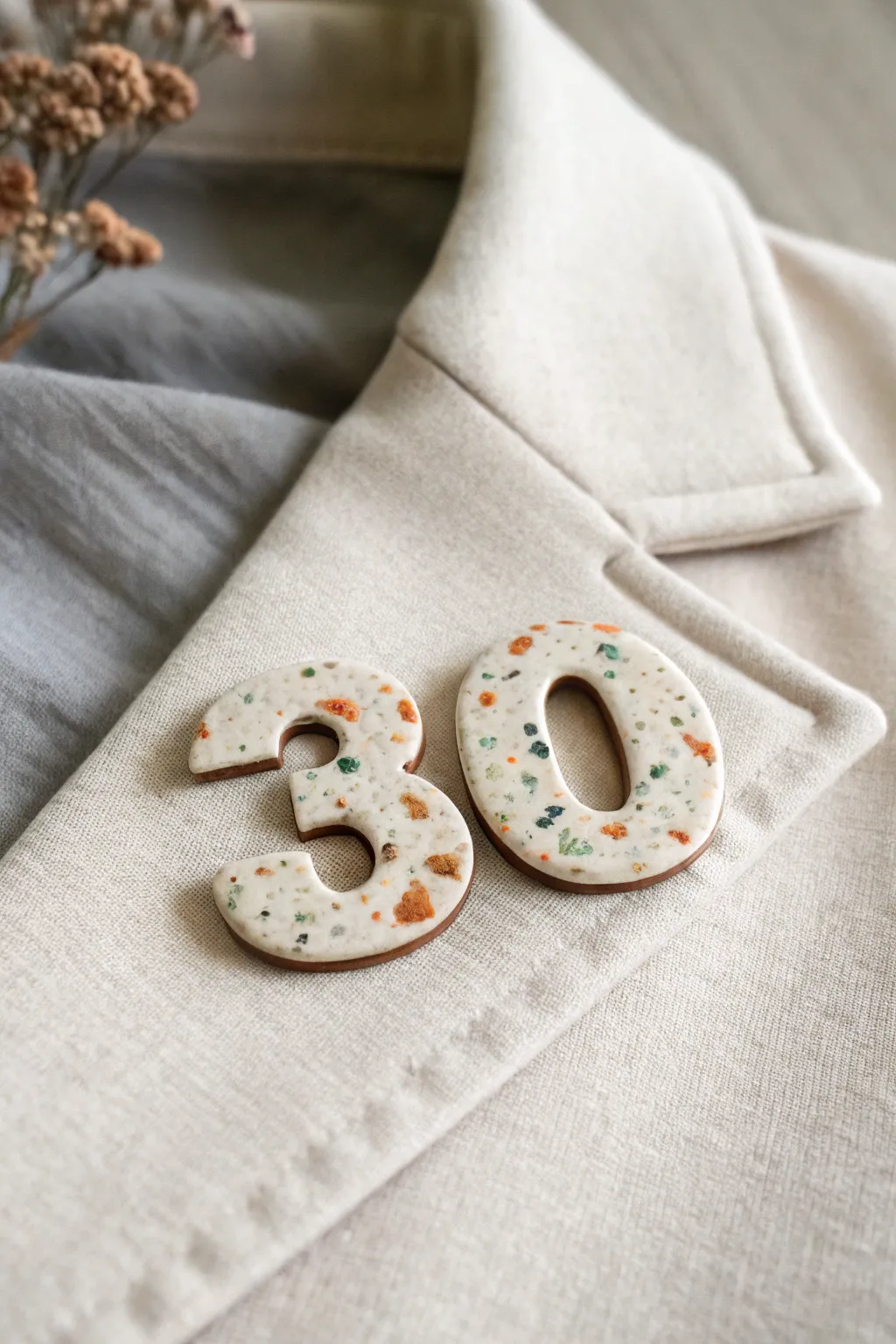 Minimal polymer clay milestone number brooch, a chic birthday keepsake with handmade charm.