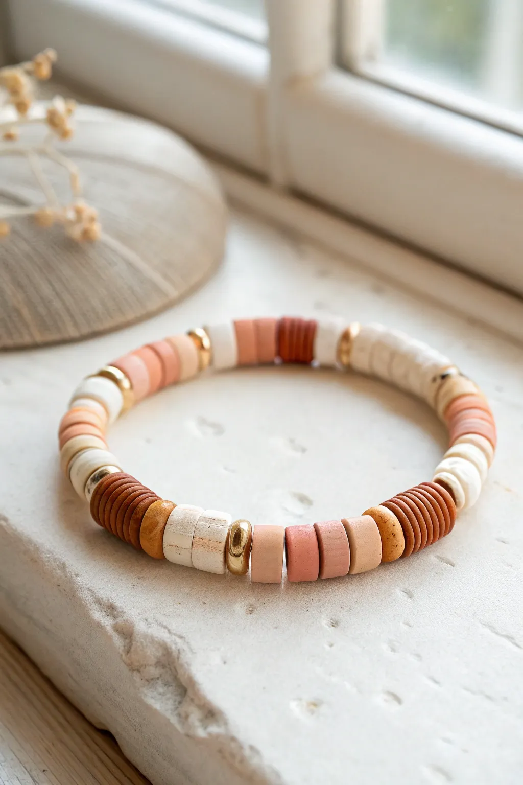 Asymmetrical heishi bracelet with clean negative-space gaps for a modern minimalist look