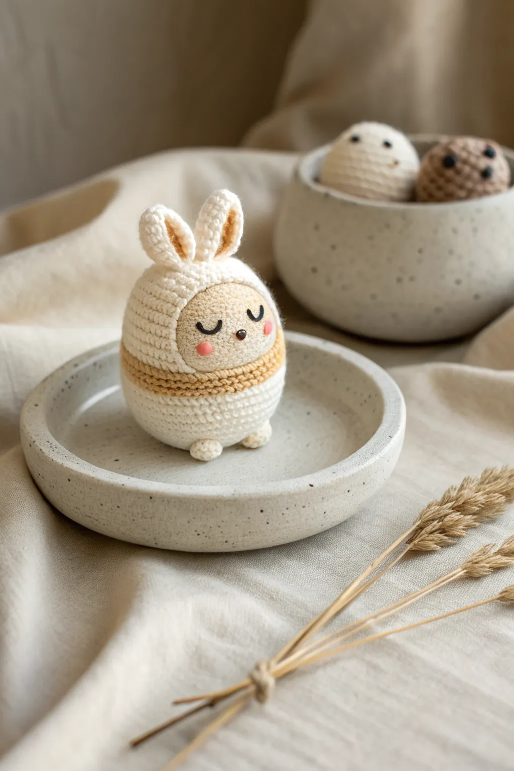Cozy knit-texture polymer clay animal minis, styled in a minimal stoneware dish.