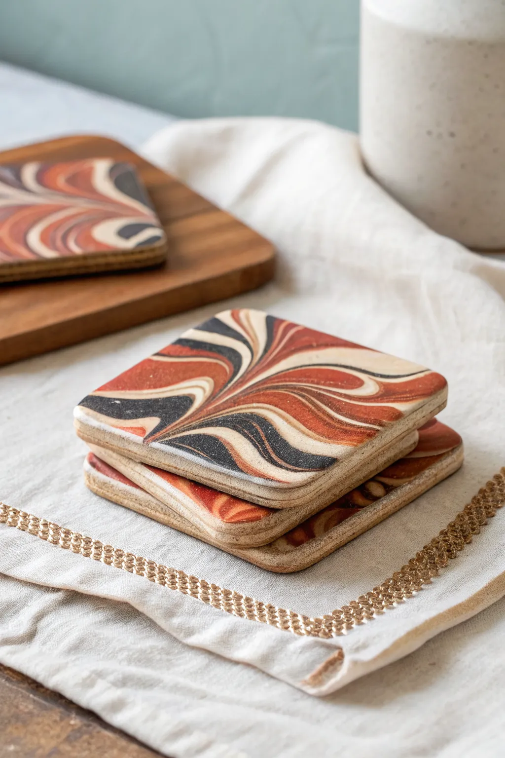 Bold mokume gane polymer clay coasters in a cozy minimalist stack, soft light, natural tones.