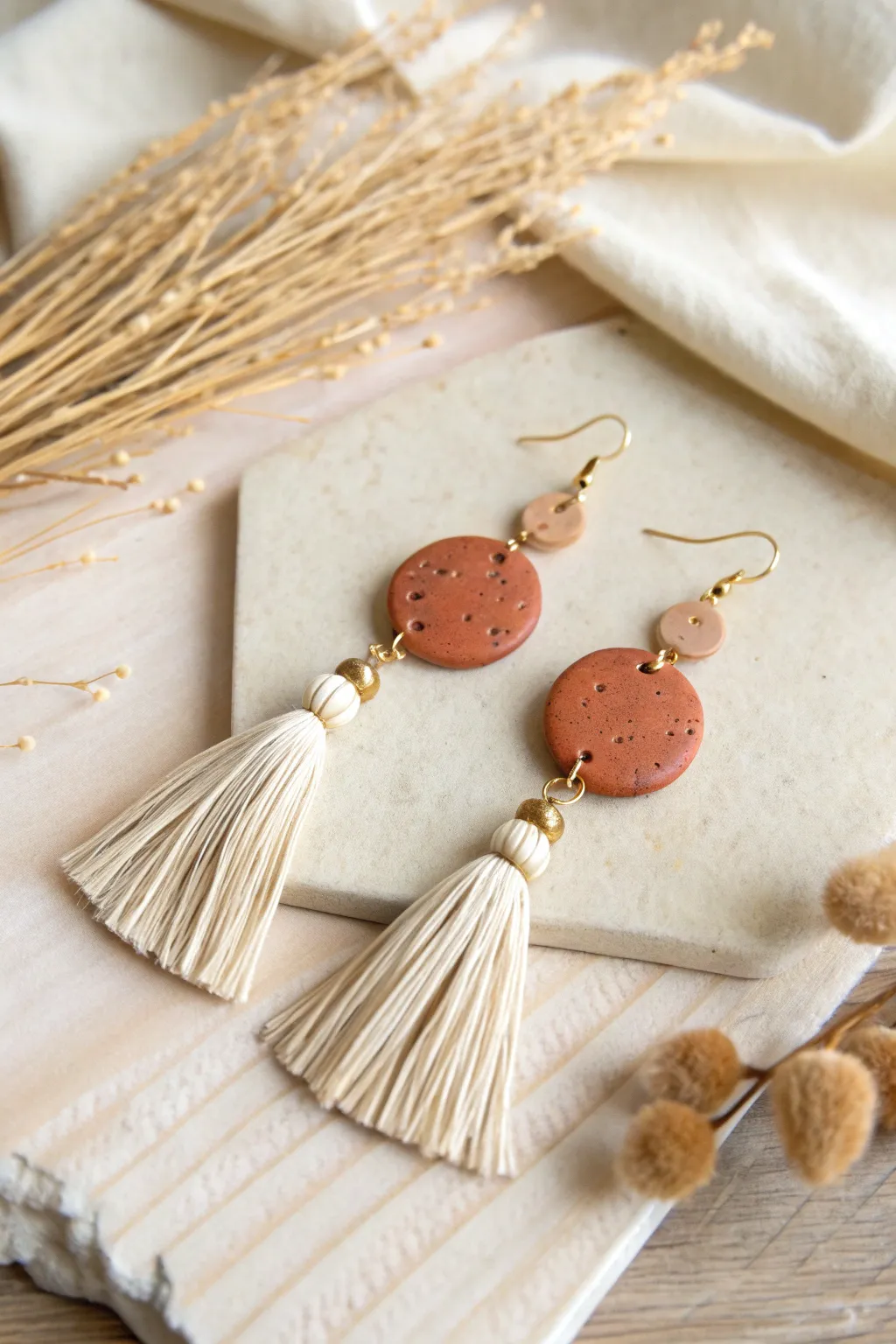 Minimal clay dangles with neat cotton tassels, an easy beginner earring design with boho charm.