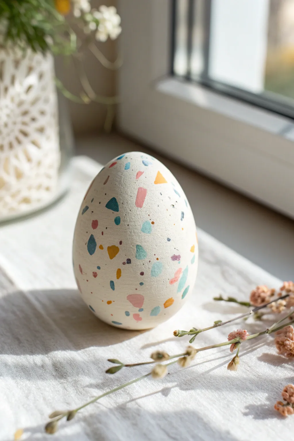 Terrazzo confetti polymer clay egg magnet in soft spring pastels for a minimalist Easter touch.