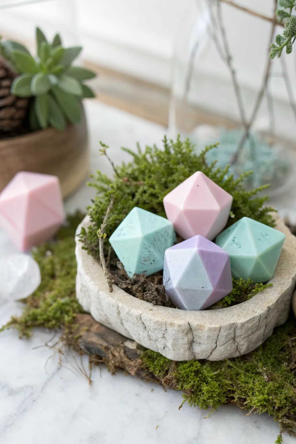 Pastel polymer clay crystal cluster nestled in moss, a simple fairy garden charm to copy.