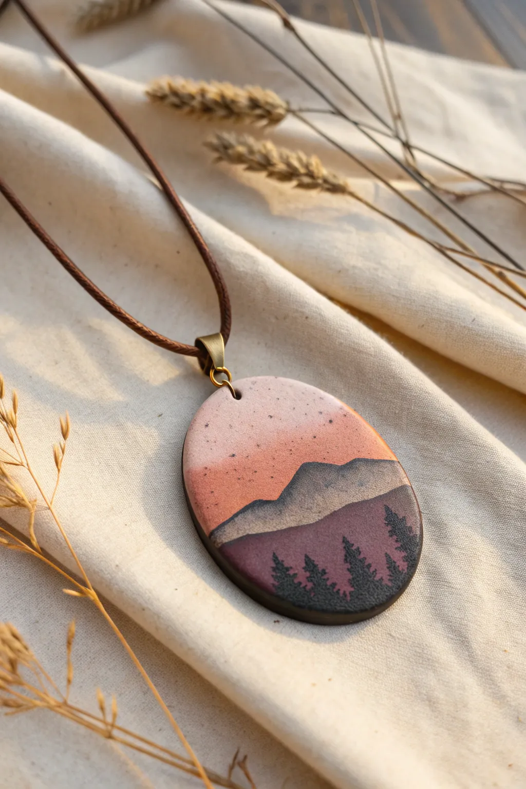 Moody ombre fall landscape pendant with cozy sunset tones and minimalist hill silhouettes