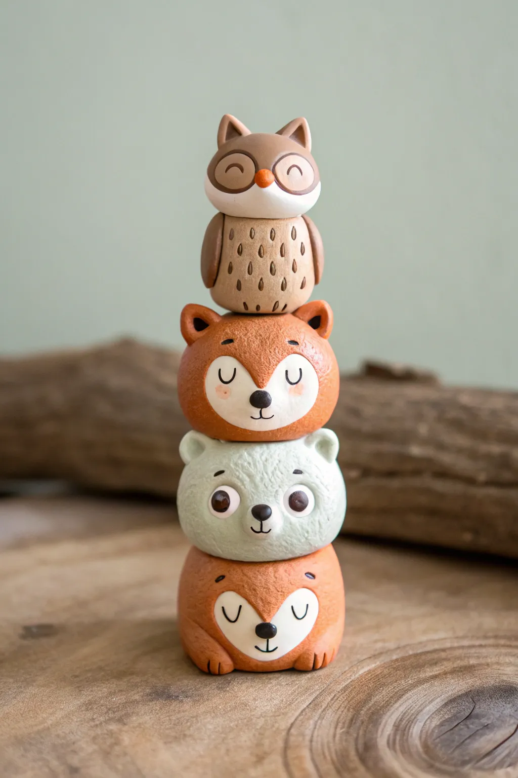 Minimalist polymer clay animal totem: bear, fox, and owl stacked in a cozy boho palette