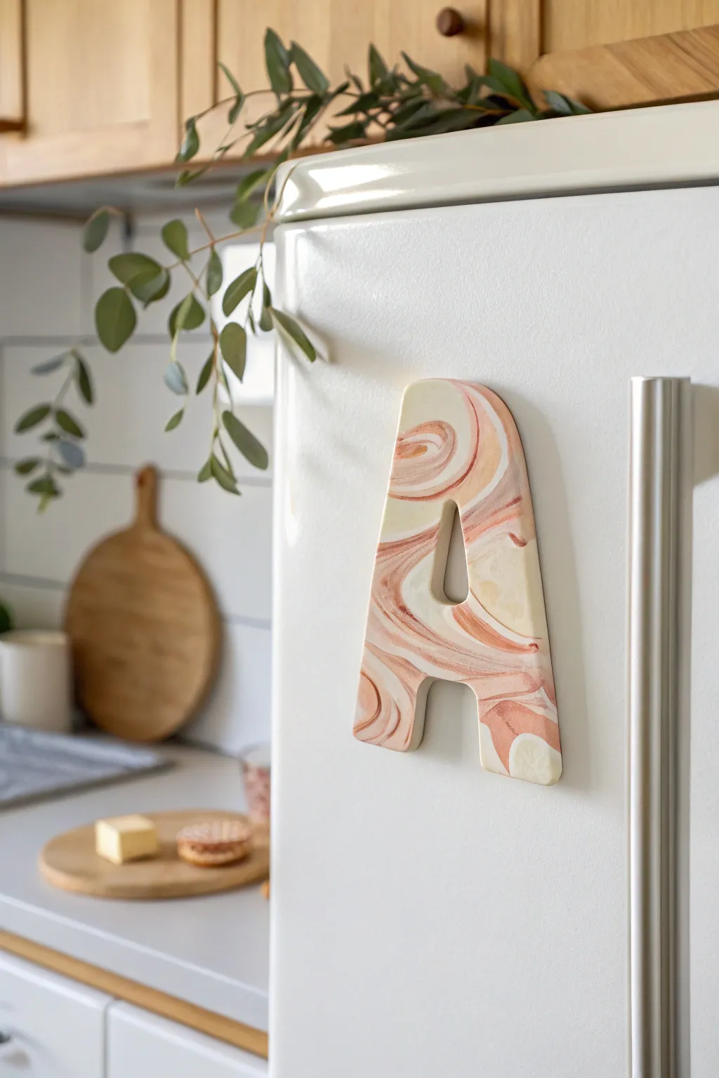 Soft marbled initial polymer clay magnet with clean edges, Scandinavian minimal and boho charm