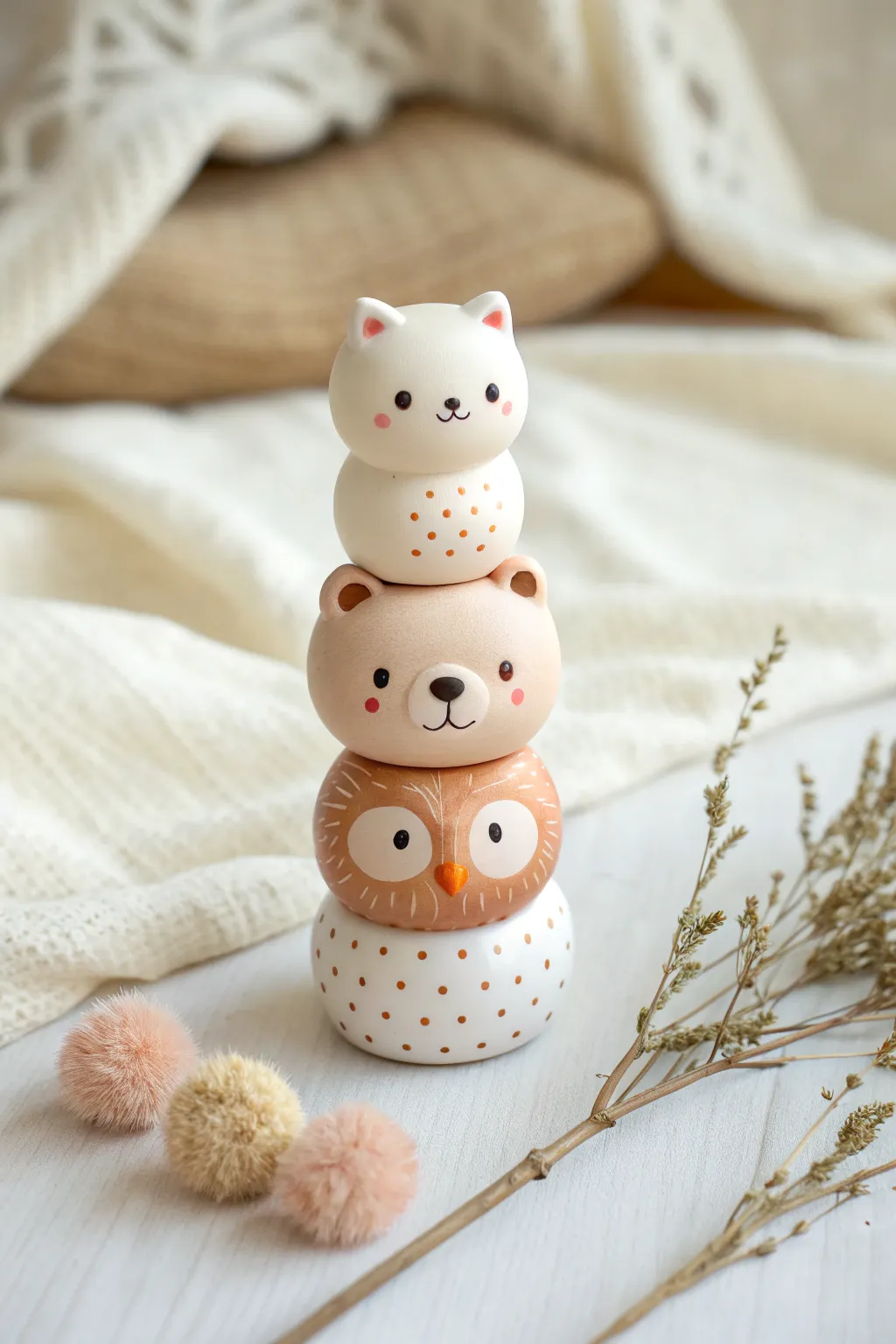 Beginner-friendly polymer clay animal totem minis in calm, modern colors and clean shapes