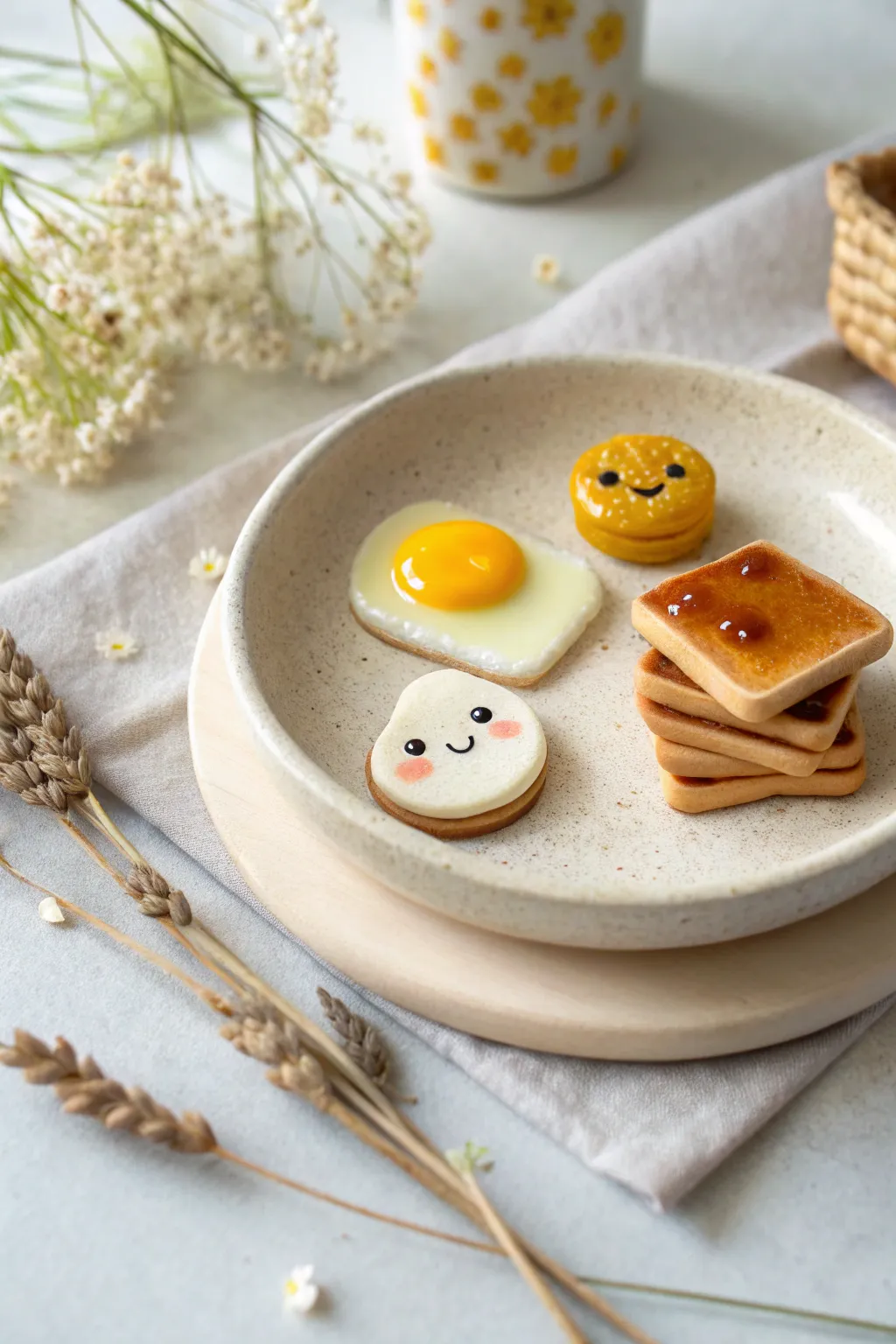Mini polymer clay breakfast charms: toast, sunny egg, and syrupy pancake stack on a dish