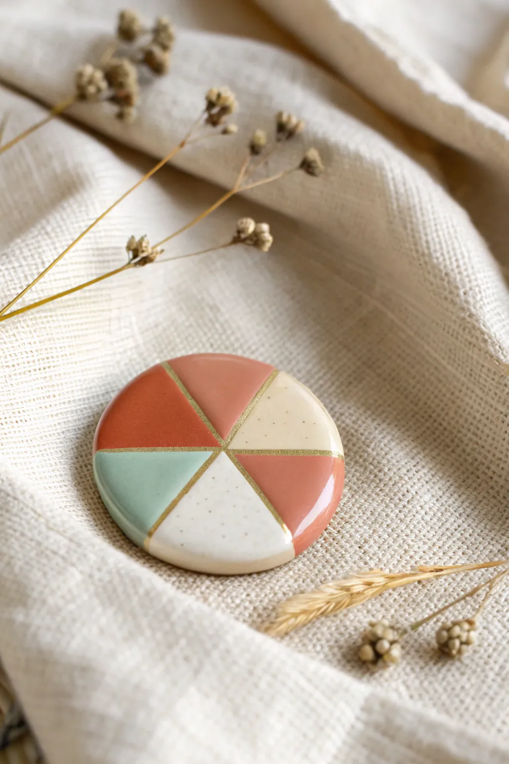 Beginner-friendly faux glazed color-block polymer clay pin in soft boho Scandinavian tones