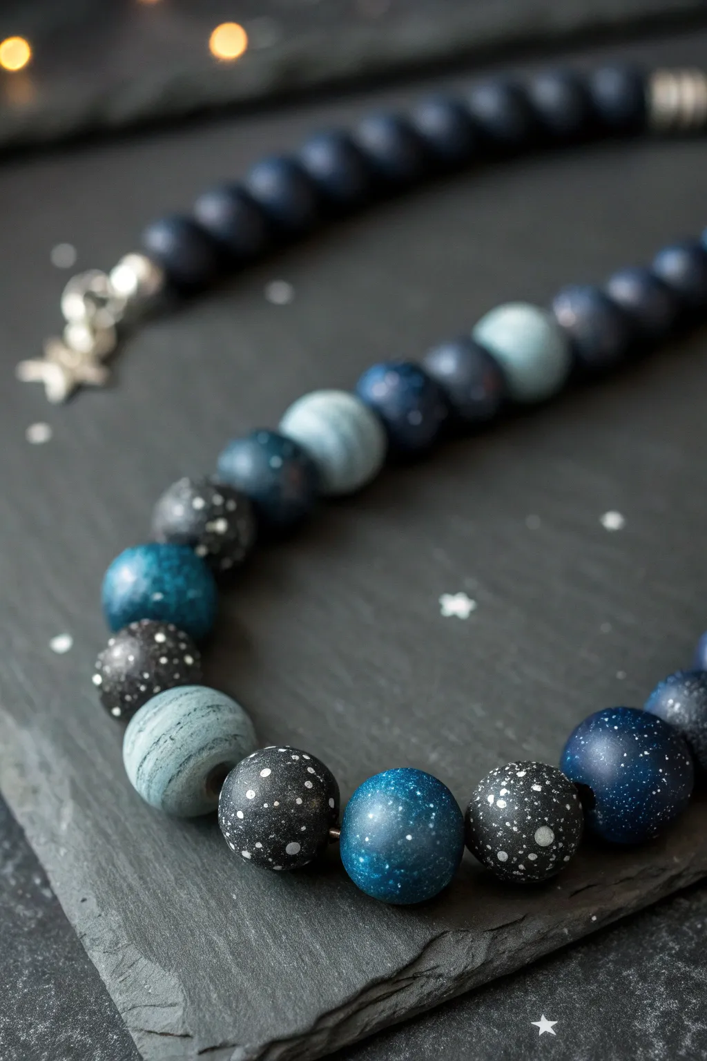 Chunky glow galaxy polymer clay beads with starry speckles, styled minimalist on dark slate.