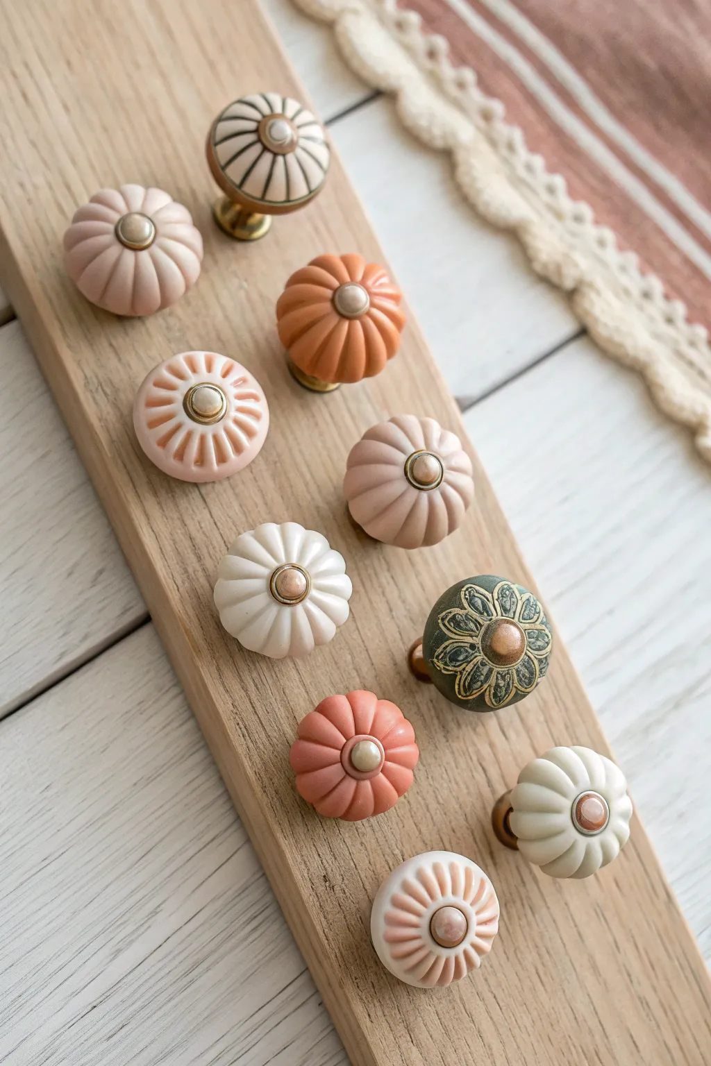 Scandi-minimal polymer clay knobs in soft boho hues, a matched set ready to upgrade drawers.