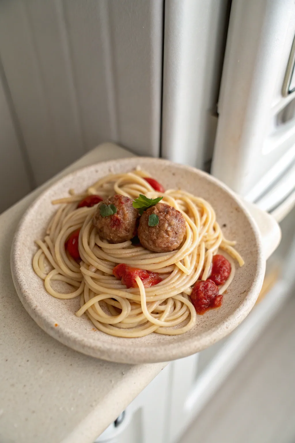 Cute spaghetti plate polymer clay magnet with coiled noodle texture, centered on a clean white fridge